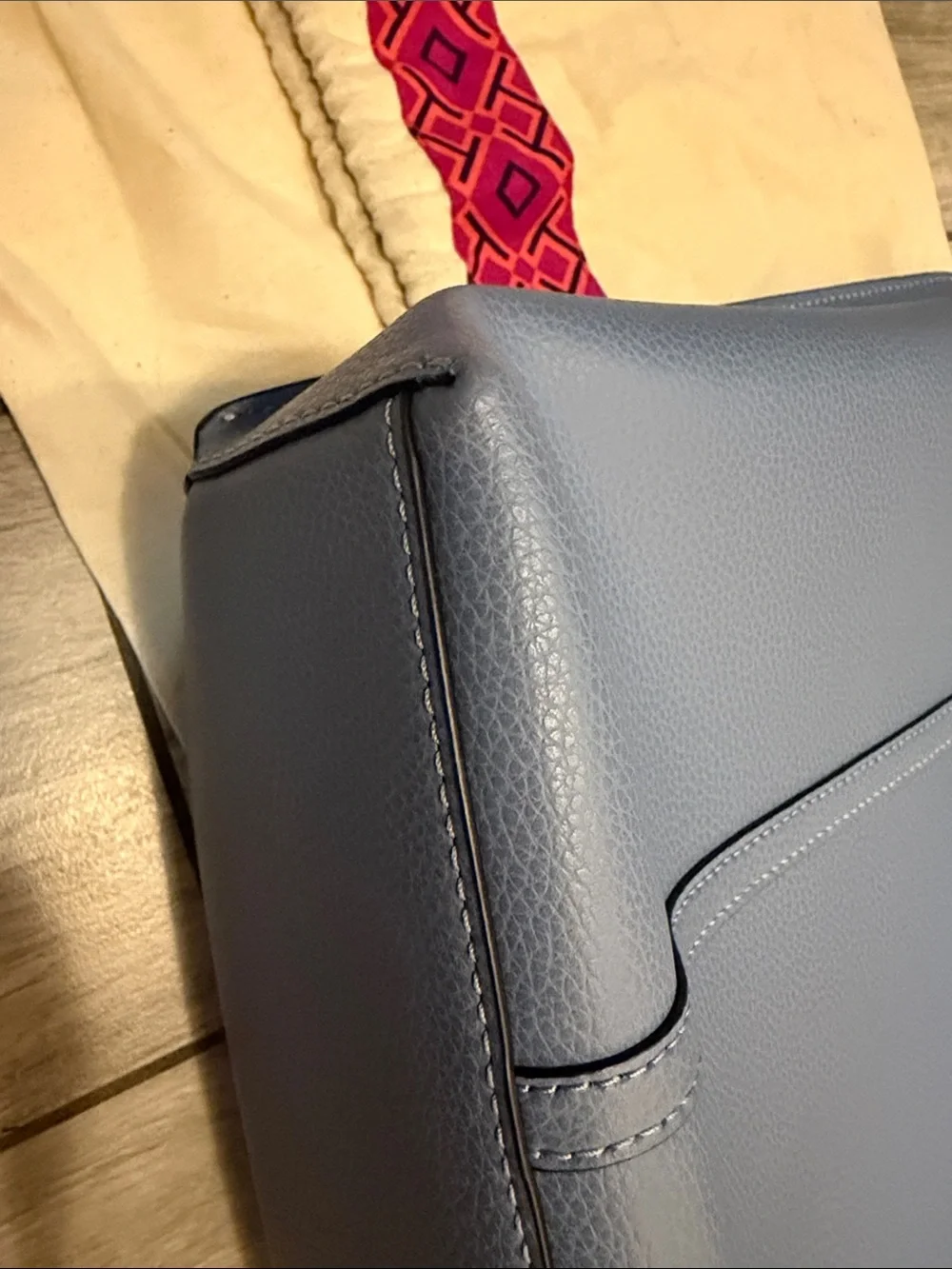 Tory Burch Perry Blue Leather Tote with Green Accent